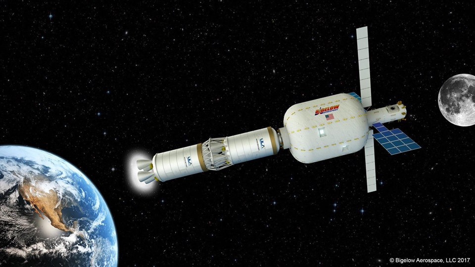 This artist's illustration of a Bigelow Aerospace BA-330 habitat on the way to the moon, powered by two United Launch Alliance ACES rocket stages.